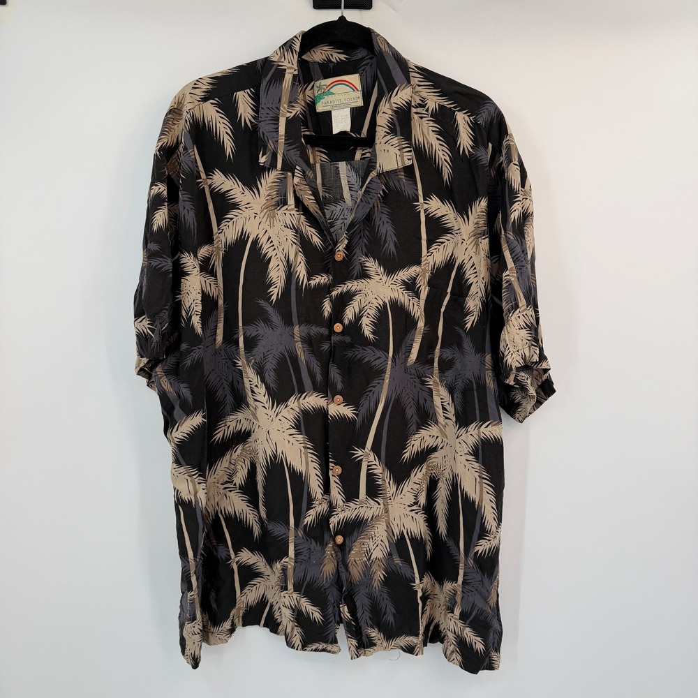 Paradise Found Mens Hawaiian Shirt‎ Black Palm Tree Print Short Sleeve 3XL